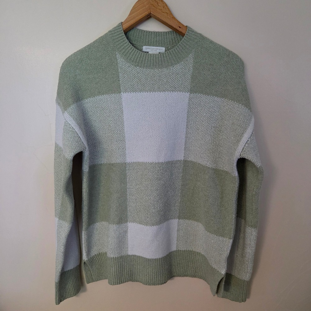 Sage Green White Checkered Knit Sweater S Grandmacore Cottagecore Plaid Pullover